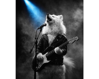 May include: A fluffy white dog wearing a black leather jacket, standing on a stage with a microphone on a stand and playing an electric guitar. The scene is captured in black and white with a single blue spotlight shining from above.