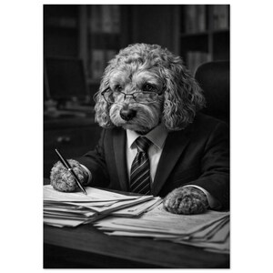 May include: Black and white photograph of a dog wearing glasses, a suit, and a tie, sitting at a desk. The dog is holding a pen and appears to be reviewing documents. The image has a professional, business-oriented theme.