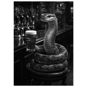 May include: A black and white photograph of a snake coiled on a bar stool. The snake is holding a glass of beer with its tail, positioned in front of a bar counter with beer taps. The scene captures the detailed scales of the snake.