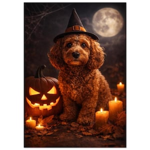 May include: A curly-haired brown dog wearing a black witch hat with an orange band, positioned next to a glowing jack-o'-lantern, several lit pillar candles, and scattered autumn leaves under a full moon in a dark, moody night setting.