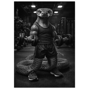 Könnte beinhalten: Schwarz-Weiß-Bild einer schlangenartigen Kreatur in einem Fitnessstudio, die Kurzhanteln hebt. Die Kreatur trägt ein schwarzes Tanktop, Shorts und Turnschuhe. Im Hintergrund ist Fitnessgeräte zu sehen.
