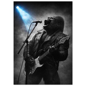 May include: A black and white artistic print featuring a gorilla wearing a leather jacket, playing an electric guitar, and singing into a microphone on a stand. A bright blue spotlight shines from the upper left corner amidst thick smoke.