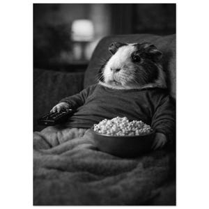 Peut inclure: Image en noir et blanc d'un cochon d'Inde vêtu d'un pull gris, tenant une télécommande et un bol de pop-corn. Le cobaye est assis sur un canapé, comme s'il regardait la télévision.