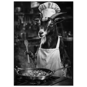 May include: Black and white image of a goat wearing a chef's hat and apron, holding a wooden spoon. The goat is cooking in a pan on a stove, with steam rising from the food. The background is a blurred kitchen setting.