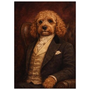 May include: A portrait of a dog, styled as a distinguished gentleman. The dog has curly brown fur and wears a monocle, a white cravat, a cream-colored vest, and a dark suit. The background is a dark, rich brown.