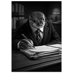 Könnte beinhalten: Schwarz-Weiß-Foto einer Schlange mit Brille, die einen Anzug und eine Krawatte trägt und auf einen Stapel Papier schreibt. Die Schlange befindet sich in einer Büroumgebung, möglicherweise ein Anwalt oder Geschäftsmann.