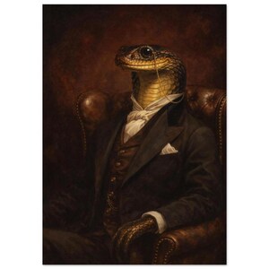 Peut inclure: Portrait d'un serpent portant un monocle, vêtu d'un costume sombre, d'un gilet et d'une chemise blanche avec une cravate. Le serpent est assis dans un fauteuil en cuir marron sur fond marron foncé, ambiance vintage.