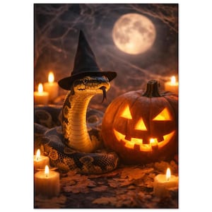 Peut inclure: Un serpent à motifs portant un chapeau de sorcière noir pointu, placé à côté d'une citrouille d'Halloween illuminée. La scène comprend plusieurs bougies allumées et des feuilles d'automne éparpillées sous une pleine lune dans un décor sombre.