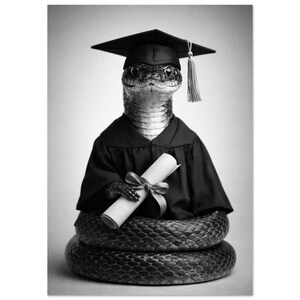 Könnte beinhalten: Schwarz-Weiß-Bild einer Schlange mit Doktorhut und Robe, zusammengerollt. Die Schlange hält eine gerollte Urkunde mit Schleife. Das Bild ist eine humorvolle Darstellung einer Graduierung.