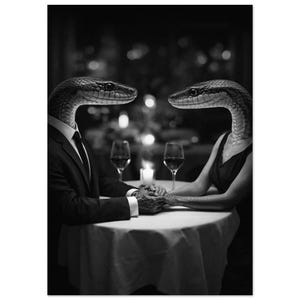May include: A black and white photograph of two figures with snake heads sitting at a round table. One figure wears a dark suit with a white shirt and tie, while the other wears a sleeveless dark dress. They hold hands over a white tablecloth.