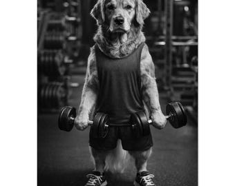 Grappige golden retriever-afdruk | Golden Retriever in de sportschool | Grappige dierenprint | Cadeau fitnessliefhebber | Muurkunst
