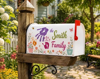 Personalized Family Mailbox Decal With Kids Handprints, Custom Floral Mailbox Sticker, Outdoor Mailbox Wrap, Housewarming Gift