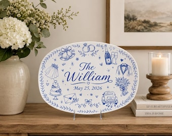 Gepersonaliseerde ovale bruiloftsschaal, aangepast naambordje voor paar, blauwe bloemen bruidscadeau, decor receptietafel, aandenken displayschaal