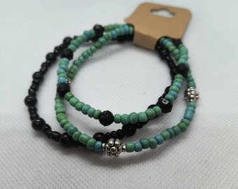 Black & Turquoise Flower Beaded Bracelet Set