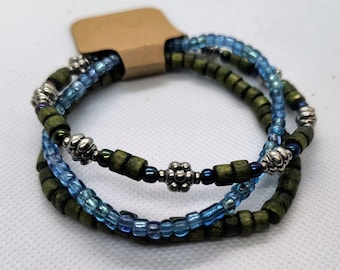 Blue & Green Flower Beaded Bracelet Set