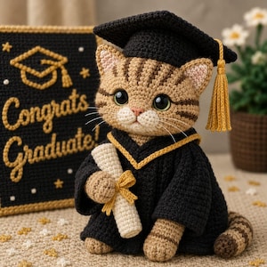Peut inclure: Un chat tabby crocheté portant une toque et une robe de graduation noires, tenant un diplôme noué avec un ruban jaune. Le chat est placé devant un panneau noir avec les mots "Congrats Graduate!" en lettres dorées.