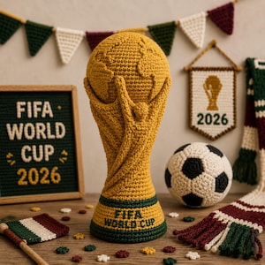 Op de afbeelding: Een geel en groen gehaakte replica van de FIFA World Cup trofee met een wereldbol vastgehouden door figuren, met de tekst FIFA WORLD CUP op de voet. Het wordt omringd door een gehaakte voetbal, een bordje met de tekst FIFA WORLD CUP 2026 en vlaggetjes.