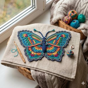 Peut inclure: Un papillon crocheté aux couleurs vives, avec des motifs complexes en bleu, vert, orange et jaune, posé sur un tissu en lin beige. Un crochet en bois et des pelotes de laine suggèrent un projet artisanal.