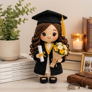 Peut inclure: Poupée de graduation au crochet avec des cheveux bouclés bruns, portant une toque et une robe noires avec un gland jaune. La poupée tient un diplôme et un bouquet de fleurs. La poupée est devant une pile de livres.
