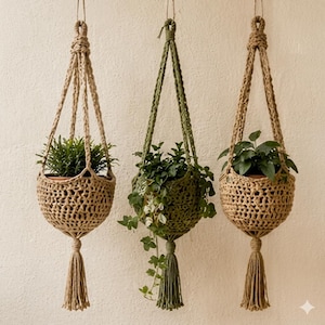 Peut inclure: Trois suspensions pour plantes en macramé aux tons naturels et vert olive, chacune contenant une plante en pot. Les suspensions présentent un design de panier tissé avec un pompon en bas. Les plantes ont un feuillage vert.