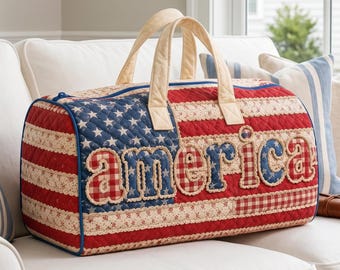 American Flag Quilted Travel Bag,Patriotic 4th of July Travel Tote, Patchwork Overnight Bags