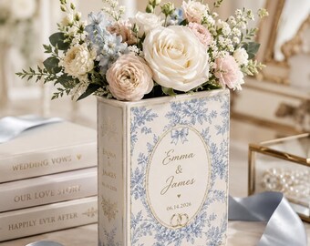 Custom Engagement Gifts Flower Vase, Ceramic Book Vase, Toile de Jouy Couple Name Vases