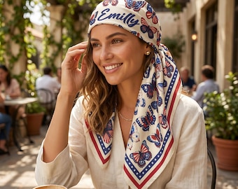 Custom American Flag Butterfly Satin Scarf, Patriotic Floral Bandana, USA Patriotic Gift for Her