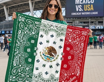 Niestandardowy szalik satynowy z flagą Meksyku, bandana piłkarska Vamos Mexico, prezent z okazji meksykańskiego dziedzictwa
