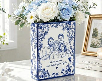 Personalized Mothers Day Photo Ceramic Book Vase, Custom Toile De Jouy Family Photo Keepsake