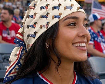 Satynowy szalik z jamnikiem na 4 lipca, patriotyczna opaska na sierść psa, czerwono-biało-niebieska bandana