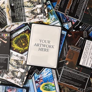 May include: A collection of Magic: The Gathering trading cards, including cards with the text "YOUR ARTWORK HERE", "Lightning Greaves", and "Edgar Markov". The cards feature various illustrations and text.