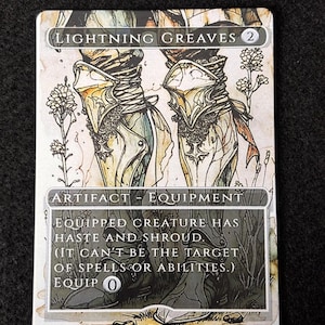 May include: A trading card featuring the artwork of Lightning Greaves. The card has a detailed illustration of armored boots with the text "LIGHTNING GREAVES" at the top. The card also includes the text "ARTIFACT - EQUIPMENT".