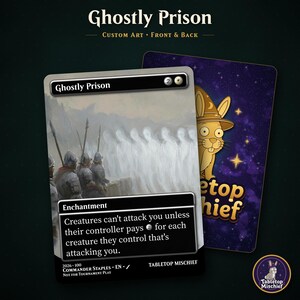 May include: A custom Ghostly Prison trading card featuring a front side with a line of soldiers facing translucent ghosts and a back side with a cartoon rabbit in a wizard hat against a purple starry background, labeled Tabletop Mischief.