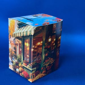 May include: A rectangular box featuring a printed illustration of a storefront with a striped awning, warm interior lighting, and autumn-themed floral arrangements. The top of the box displays a blue sky with a street lamp and falling leaves.