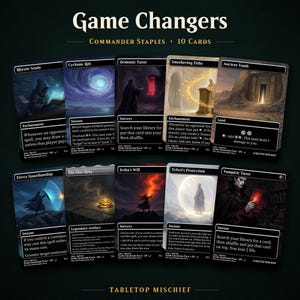 May include: A set of 10 Game Changers Commander Staples trading cards featuring artwork and text for Rhystic Study, Cyclonic Rift, Demonic Tutor, Smothering Tithe, Ancient Tomb, Fierce Guardianship, The One Ring, Jeska's Will, Teferi's Protection, and Vampiric Tutor.