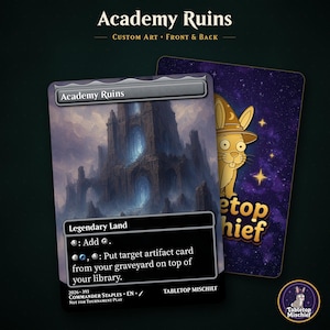 May include: Two custom trading cards titled Academy Ruins. The front features a dark, crumbling stone tower in a misty landscape with game text. The back displays a yellow cartoon rabbit wearing a wizard hat against a purple starry background.