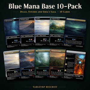 May include: A Blue Mana Base 10-Pack featuring ten collectible game cards including Underground Sea, Volcanic Island, Tundra, Tropical Island, Polluted Delta, Flooded Strand, Scalding Tarn, Misty Rainforest, Wooded Foothills, and Urza's Saga.