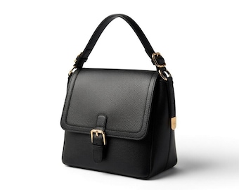 Black Leather Flap Bag Women | Structured Bag with Gold Buckle | Luxury Top Handle Crossbody Purse Vintage Inspired Handbag