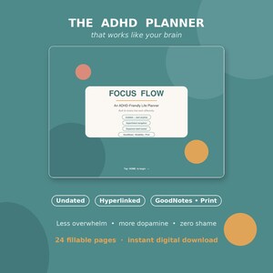 May include: A digital ADHD planner titled THE ADHD PLANNER that works like your brain. The interface features FOCUS FLOW, an ADHD-Friendly Life Planner with buttons for undated, hyperlinked, and habit tracking. Includes 24 fillable pages.