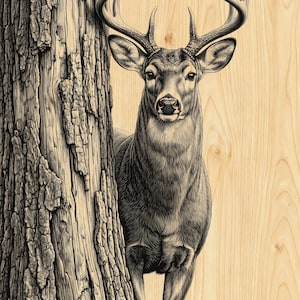 May include: A detailed black and white illustration of a deer with large antlers, standing partially behind a tree. The artwork is set against a light wood grain background, creating a contrast between the detailed animal and the simple backdrop.