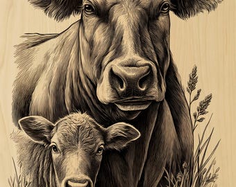 Laser Engraving PNG Cow and Calf Portrait, Farmhouse Engraving File, Wood Engraving Art, Laser Ready PNG for CNC