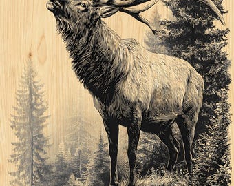 Elk Forest Scene Laser Engraving File, Wildlife Deer Grayscale PNG (Digital Download)