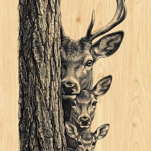 May include: A monochrome illustration of a deer family, featuring a buck with antlers, a doe, and a fawn. They are partially concealed behind a tree trunk, set against a light wood grain background.