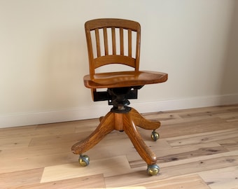 Vintage Oak Bankers Chair – Jasper Mid-Century Swivel Office Chair, Shepherd Casters