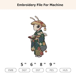 Könnte beinhalten: Eine Stickdatei für Maschinen mit einem Insektencharakter, der einen Strohhut und einen grünen gemusterten Kimono trägt und ein Tablett mit Dango und einer Tasse hält. Der Text lautet Embroidery File For Machine, 5, 6, 8, 9 Zoll, EMB, DGT, DST, PES, HUS.