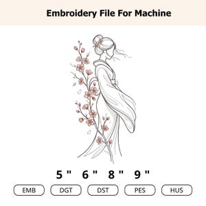 Japanese Geisha Embroidery File Sakura Floral Woman Design Machine Embroidery Pattern