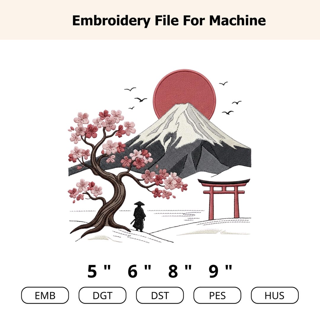 Mount Fuji Embroidery Design Sakura Cherry Blossom Japanese Landscape ...