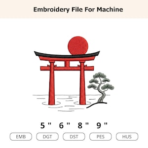 May include: An embroidery file design showing a red torii gate, a red sun, and a small tree. The design is available in 12.7cm, 15.2cm, 20.3cm, and 22.9cm sizes. The text "Embroidery File For Machine" is at the top.
