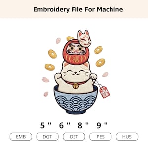 May include: An embroidery design file featuring a white cat sitting in a blue bowl with wave patterns, topped with a red Daruma doll and a fox mask. Surrounded by gold coins and cherry blossoms, with text reading Embroidery File For Machine.