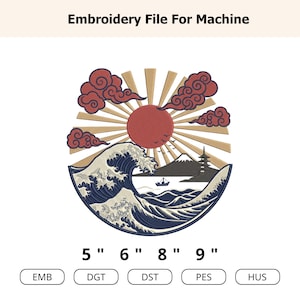 Japanese Wave Sun Machine Embroidery Design, Sashiko Ocean Landscape Patch, Asian Pagoda PES DST File